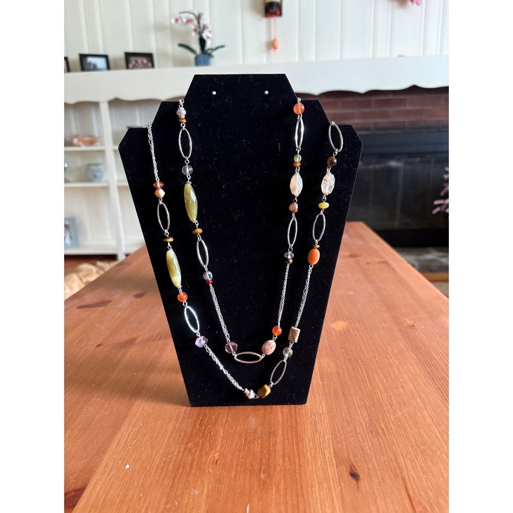 Semi Precious Stone Long Station Necklace Silver‎ Tone Tigers Eye Carnelian